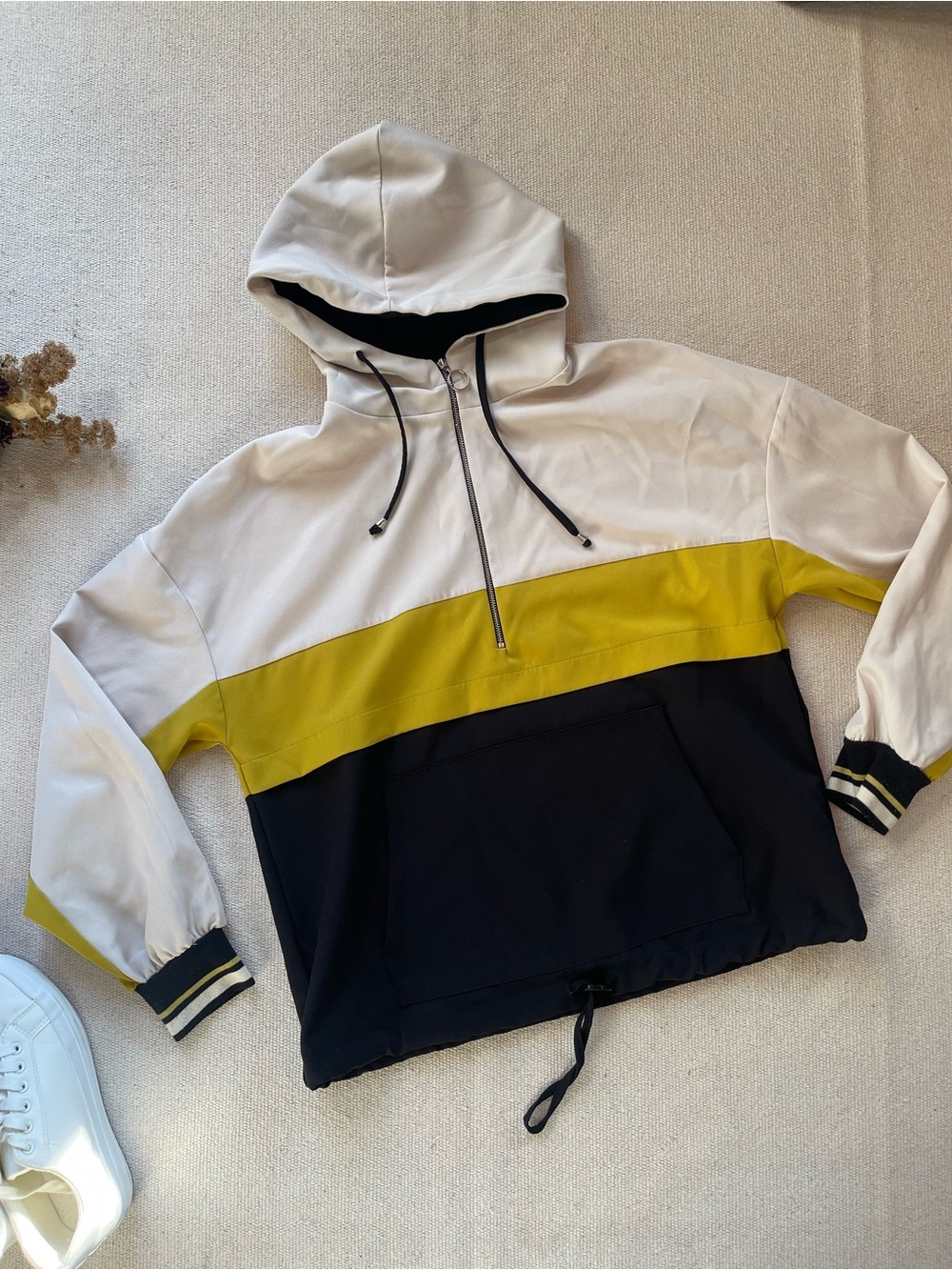 Zara Cream Yellow Navy/Black Colorblock Half-Zip Hoodie Pullover — Size Small